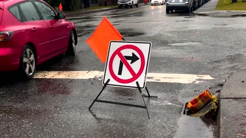 Right Turn Forbidden Temporary Road Sign on a Street. 4k. Slow Motion. Stock Footage 145297983