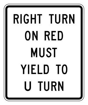 Right turn on red must yield to U-turn sign, R10-30, US road sign Stock Illustration