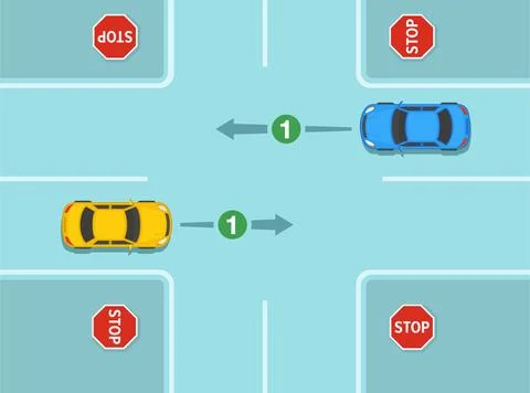 Right of way at junction with four way stop sign. Cars are facing each other. Stock Illustration