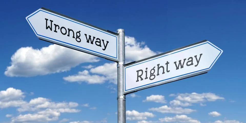 Right way or wrong way - metal signpost with two arrows Stock Illustration