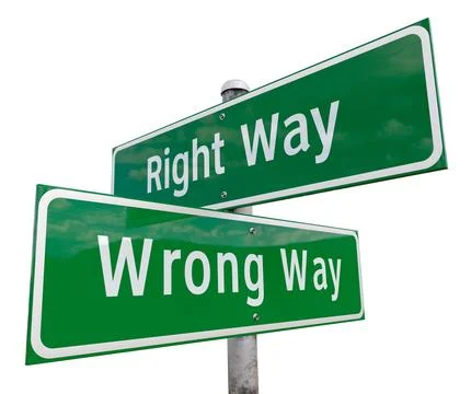Right Way, Wrong Way 2 Way Green Road Sign Isolated on White. Stock Photos