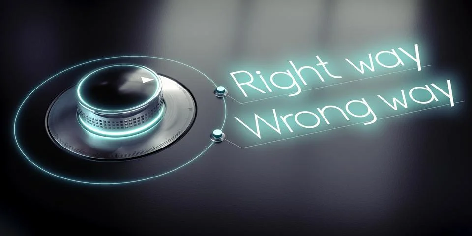 Right way, wrong way - rotary knob and glowing words - 3D illustration Stock Illustration