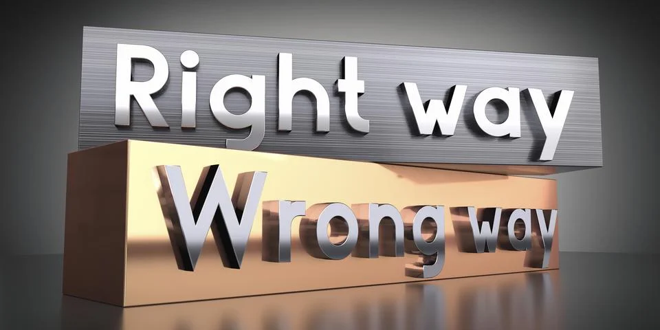 Right way, wrong way - words on metal blocks - 3D illustration Stock Illustration