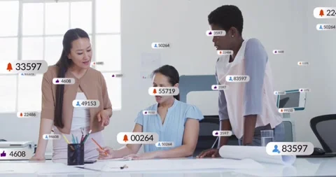 Right woman pointing, team annotating plans and finalizing designs while badges 動画素材 331634557