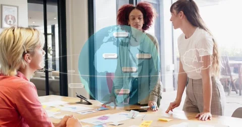 Right woman tapping sticky notes, center woman arranging plans, globe with chat Stock Footage 321781943
