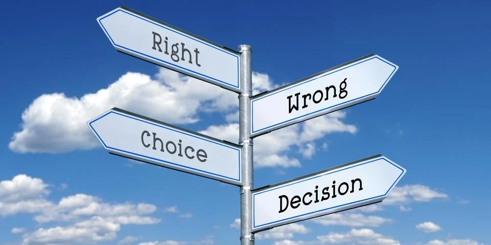 Right, wrong, choice, decision - metal signpost with four arrows Stock Illustration