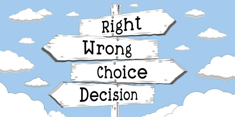 Right, wrong, choice, decision - outline signpost with four arrows Illustrazione stock