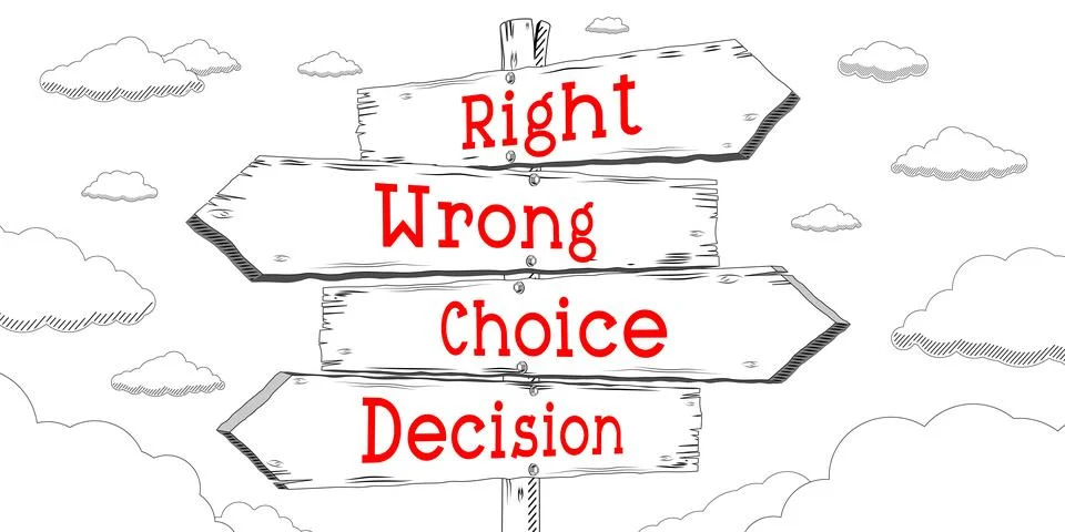 Right, wrong, choice, decision - outline signpost with four arrows Illustrazione stock
