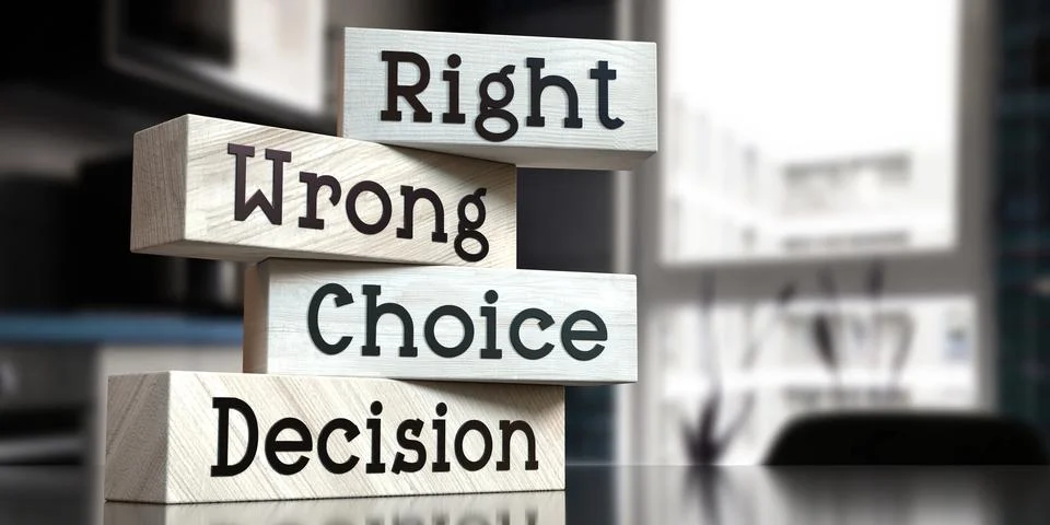Right, wrong, choice, decision - words on wooden blocks Stock Illustration