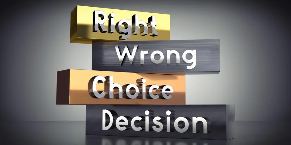 Right, wrong, choice, decision - words on metal blocks - 3D illustration Stock Illustration