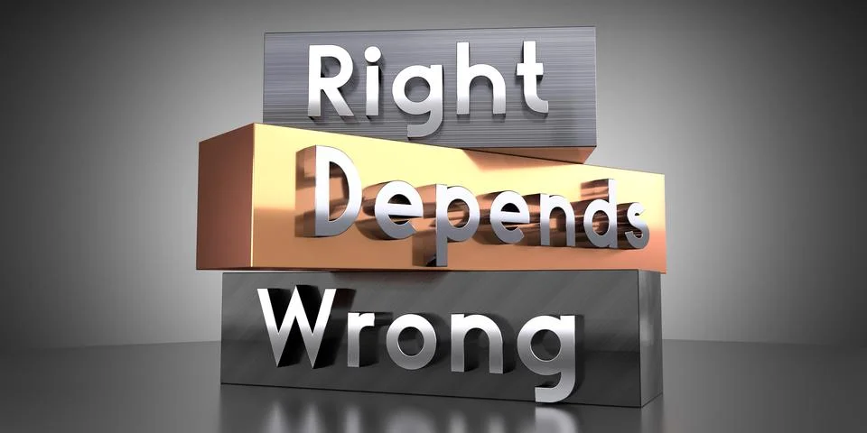 Right, wrong, depends - words on metal blocks - 3D illustration Stock Illustration