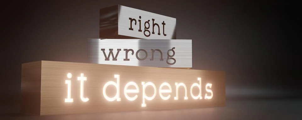 Right, wrong, it depends - block shapes and glow effect - 3D illustration Stock Illustration