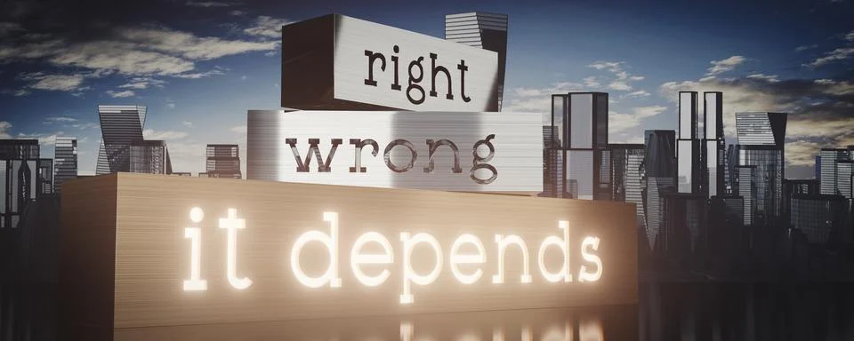 Right, wrong, it depends - block shapes and skyscrapers - 3D illustration Illustrazione stock