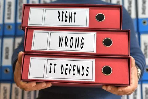 Right, Wrong, It depends, concept words. Folder concept. Ring binders. Stock Photos