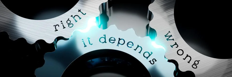 Right, wrong, it depends - gears concept - 3D illustration Stock Illustration