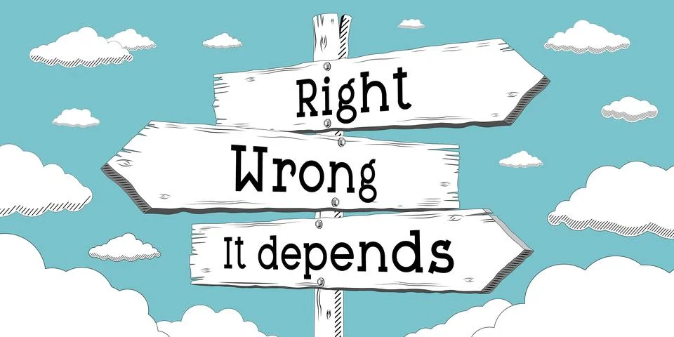 Right, wrong, it depends - outline signpost with three arrows Illustrazione stock
