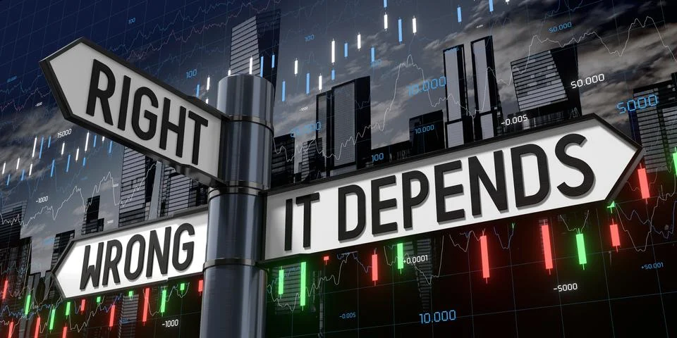 Right, Wrong, It Depends - Signpost with Three Arrows - 3D illustration Stock Illustration