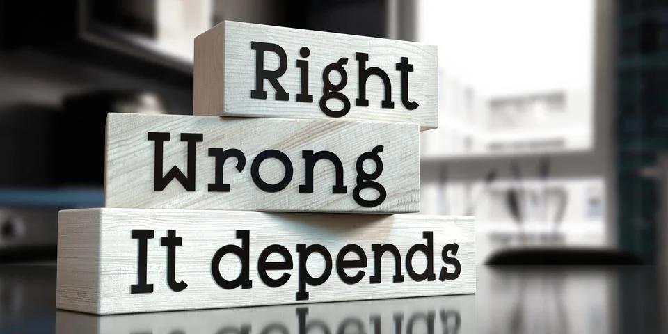 Right, wrong, it depends - words on wooden blocks Illustrazione stock