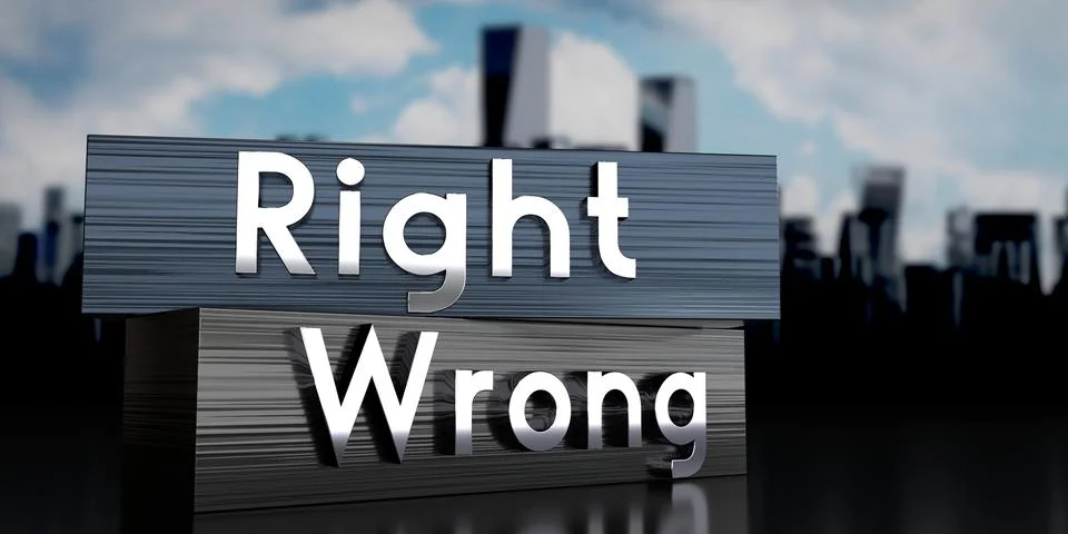 Right, wrong - metal blocks and skyscrapers - 3D illustration Stock Illustration