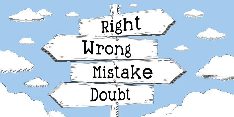 Right, wrong, mistake, doubt - outline signpost with four arrows Stock Illustration