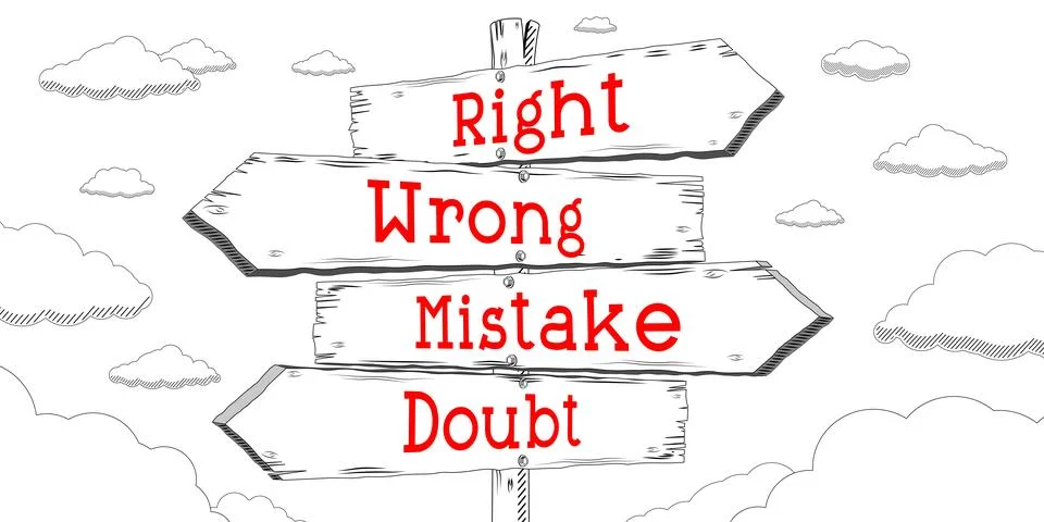 Right, wrong, mistake, doubt - outline signpost with four arrows Stock Illustration