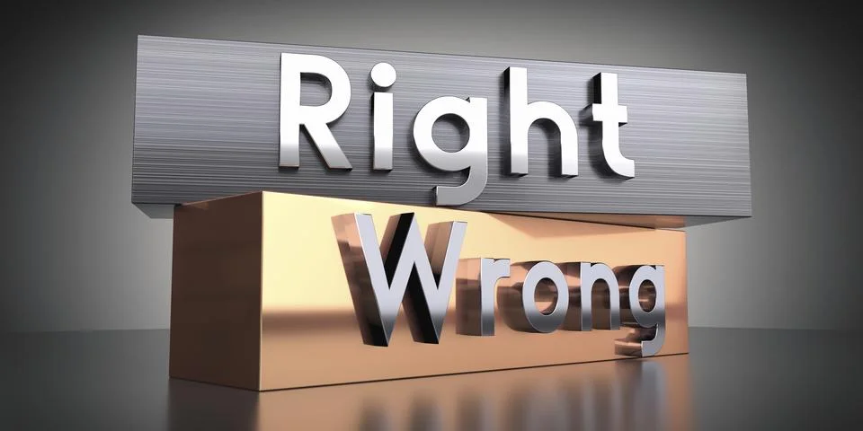 Right, wrong - words on metal blocks - 3D illustration Stock Illustration