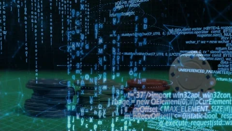 Rightmost stack tipping, disc lifting, spinning, landing right while code Stock Footage 329505141