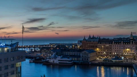 Rightward Pan Across Helsingborg Harbor at Dusk Stock Footage 343767392