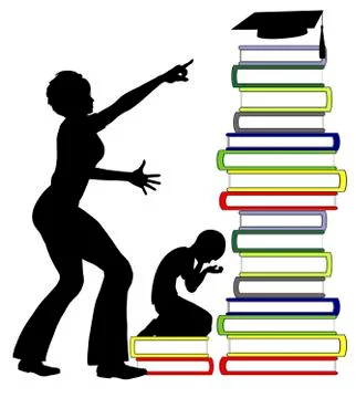 Rigid educator hinders the learning process of young student, who is overwhel Illustrazione stock