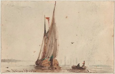 Rijksmuseum, 16th-20th ct, Sloop at a sailing ship on the water. Stock Photos
