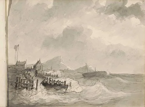 Rijksmuseum, 16th-20th ct, Sloop with figures at a landing place. On a stormy Stock Photos