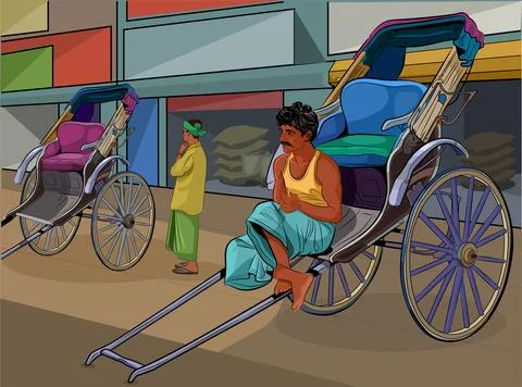 Rikshawala, Indian rickshaw puller sitting on his rickshaw Stock Illustration