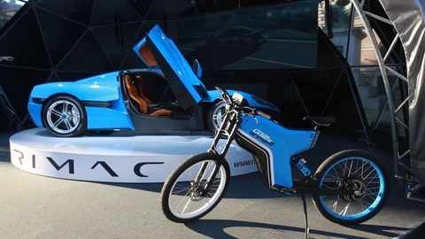 Rimac hypercar C Two with Greyp electric bike Stock Footage 96480712