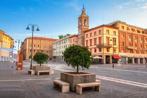 Rimini cityscape, Italy. Central square of Rimini. Square of the Three Martyr Stock Photos