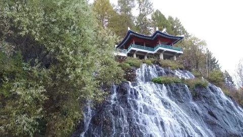 Rimyongsu Falls, Samjiyon, North Korea, filmed with stabilizer Stock Footage