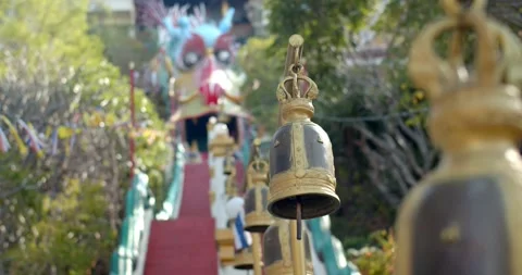 Ring the bell in the temple.Ringing bells in temples is a Thai belief. Stock Footage 266440920