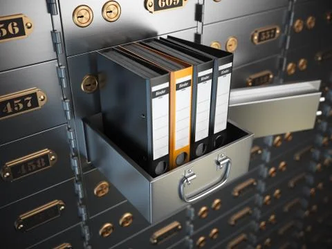 Ring binders on a safe deposit box. Confidential information concept. Stockillustratie