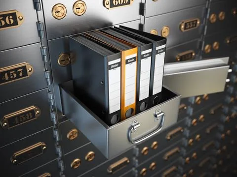 Ring binders on a safe deposit box. Confidential information concept. Ring... Stock Photos