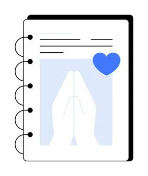 Ring-bound notebook with hands praying and a blue heart. Ideal for religious  Stock Illustration