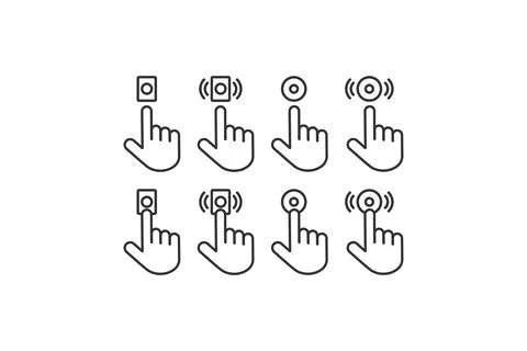 Ring the door bell icon set. Hand pushing the button illustration symbol. S.. Stock Illustration