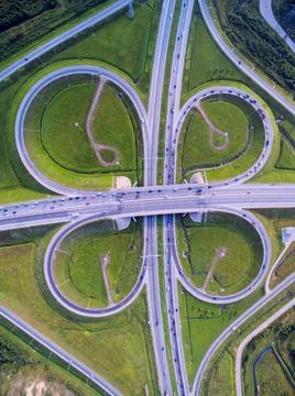 Ring fork of the roads is a view from above. Safe traffic. Stock Photos