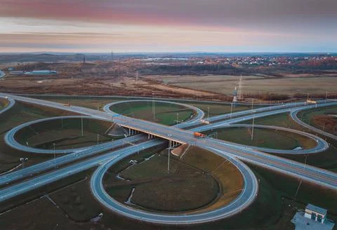 Ring fork of the roads is a view from above. Safe traffic. Stock Photos