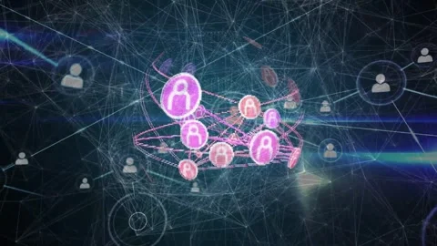 Ring forming starting magenta node cluster appearing rotating linking gray Stock Footage 333975228