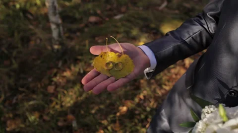 Ring in his hand on a background of leaves Stock Footage 32861665