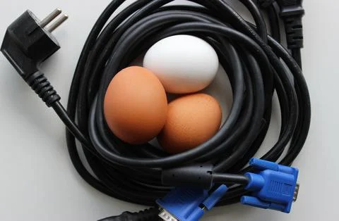 Ring Of Power And Computer Cables And Three Eggs Inside It 写真素材