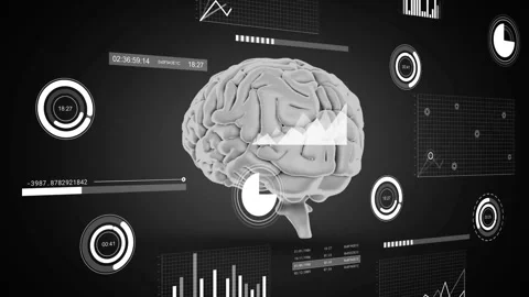 Ring pulse starting HUD updates, gray 3D brain rotating with triangle overlay, Stock Footage 331169137