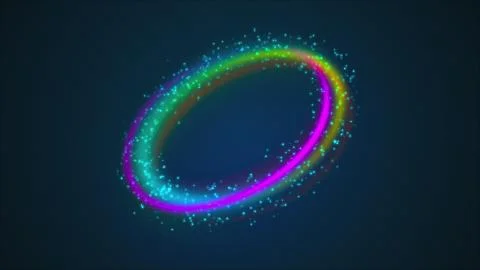 Ring shape from rainbow lines and colored luminous particles. 3d render computer Illustrazione stock