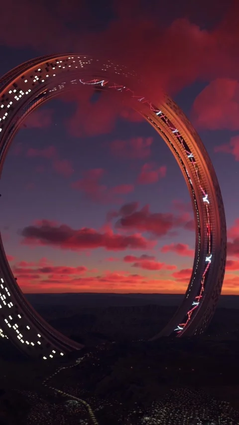 Ring-shaped city of the future. Circular view of an alien town Видео 283420668