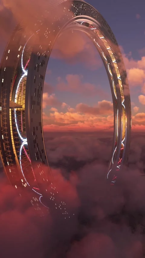Ring-shaped city of the future. Close view of an alien town Видео 283420667