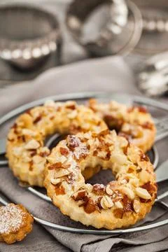 Ring shortbread cookies with peanuts on top Stock Photos
